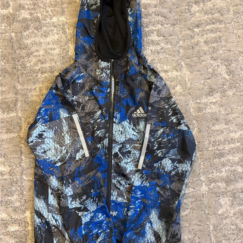 adidas Black, Blue & Gray Graphic Hooded Windbreaker
